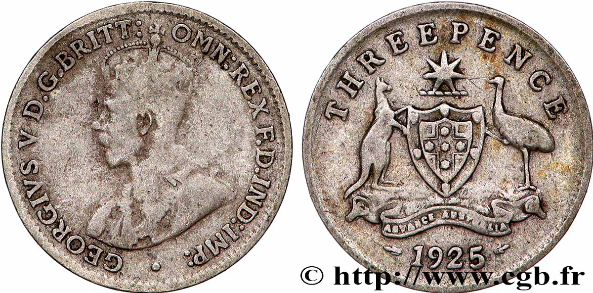 AUSTRALIA 3 Pence Georges V / émeu et kangourou de part et d’autre d’un écu 1925 MB
