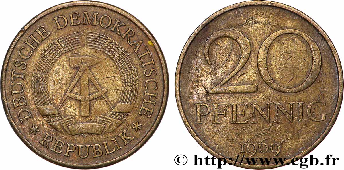 ALLEMAGNE RÉPUBLIQUE DÉMOCRATIQUE 20 Pfennig emblème de la RDA 1969 Berlin TTB