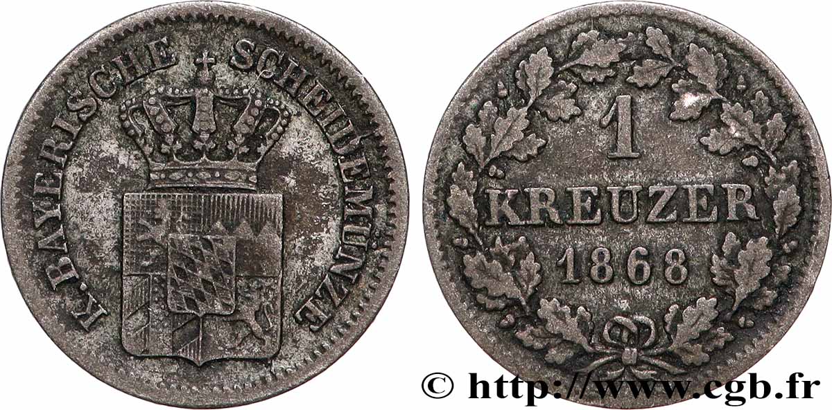 ALLEMAGNE - BAVIÈRE 1 Kreuzer armes couronnées de Bavière 1868 Munich TTB