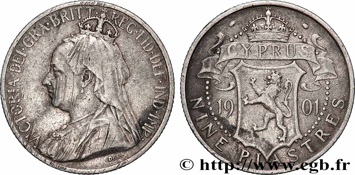 CYPRUS 9 Piastres Victoria 1901 VF