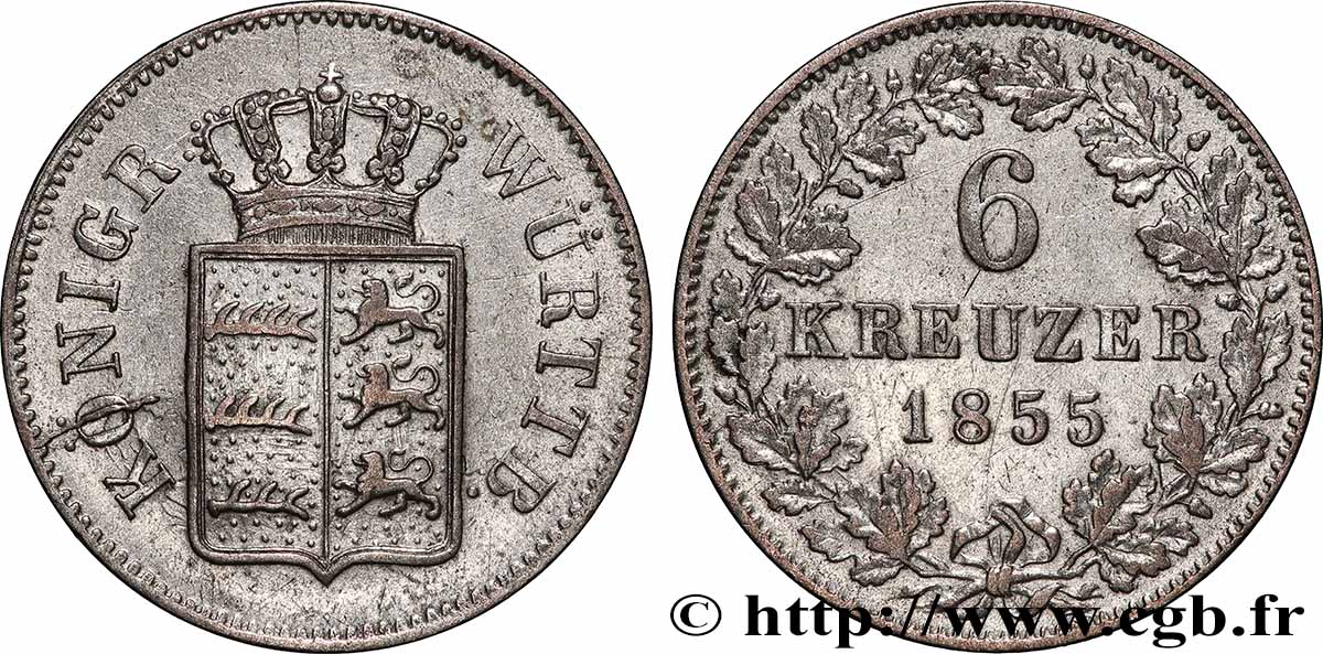 GERMANY - BAVARIA 6 Kreuzer 1855 Munich XF
