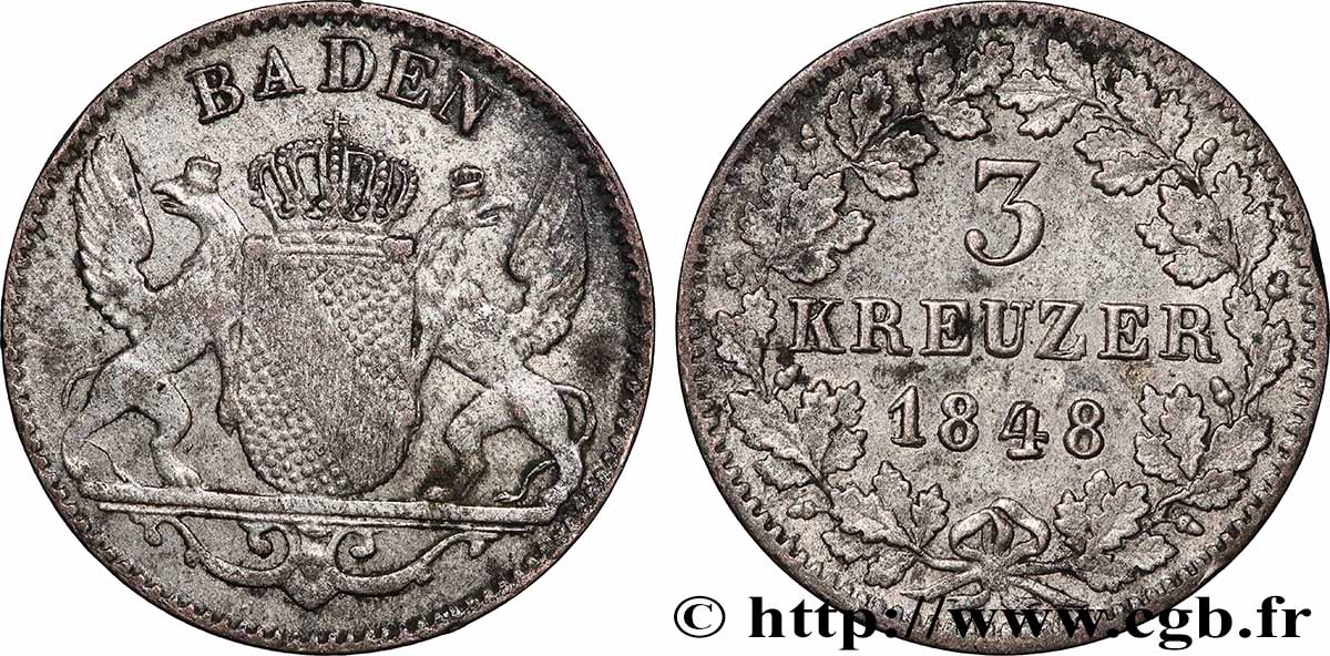 ALLEMAGNE - BADE 3 Kreuzer Grand-Duché de Bade 1848 TTB