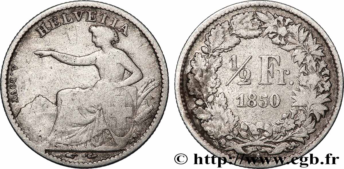 SWITZERLAND 1/2 Franc Helvetia 1850 Paris VF