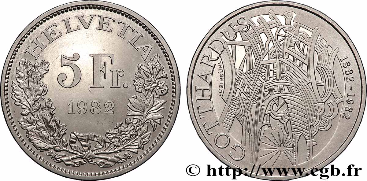 SWITZERLAND 5 Francs 100e anniversaire du chemin de fer du Gothard 1982 Berne - B MS
