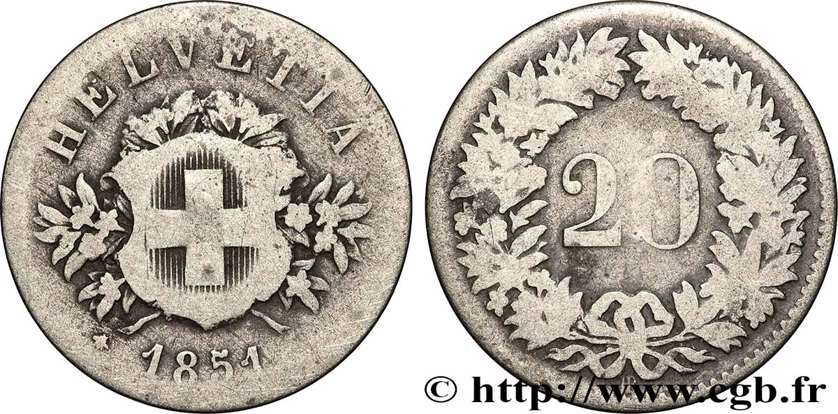SWITZERLAND 20 Centimes (Rappen) 1851 Strasbourg - BB VF