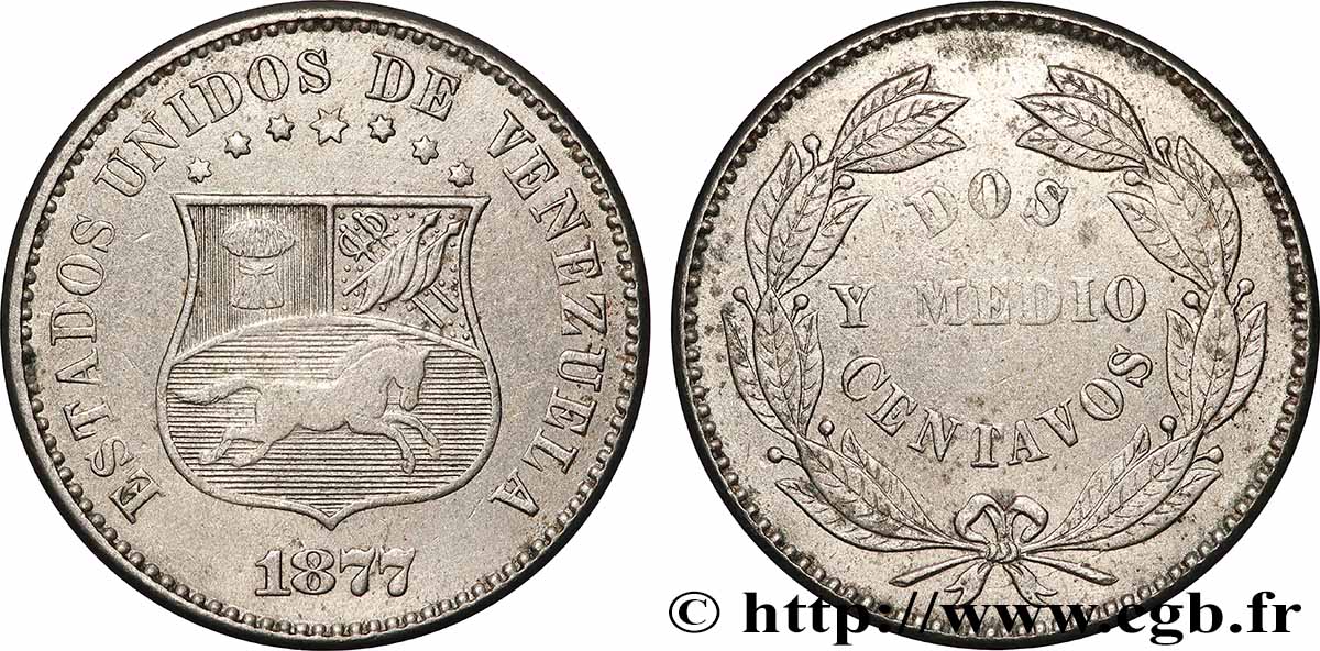 VENEZUELA 2 1/2 Centavos 1877 XF