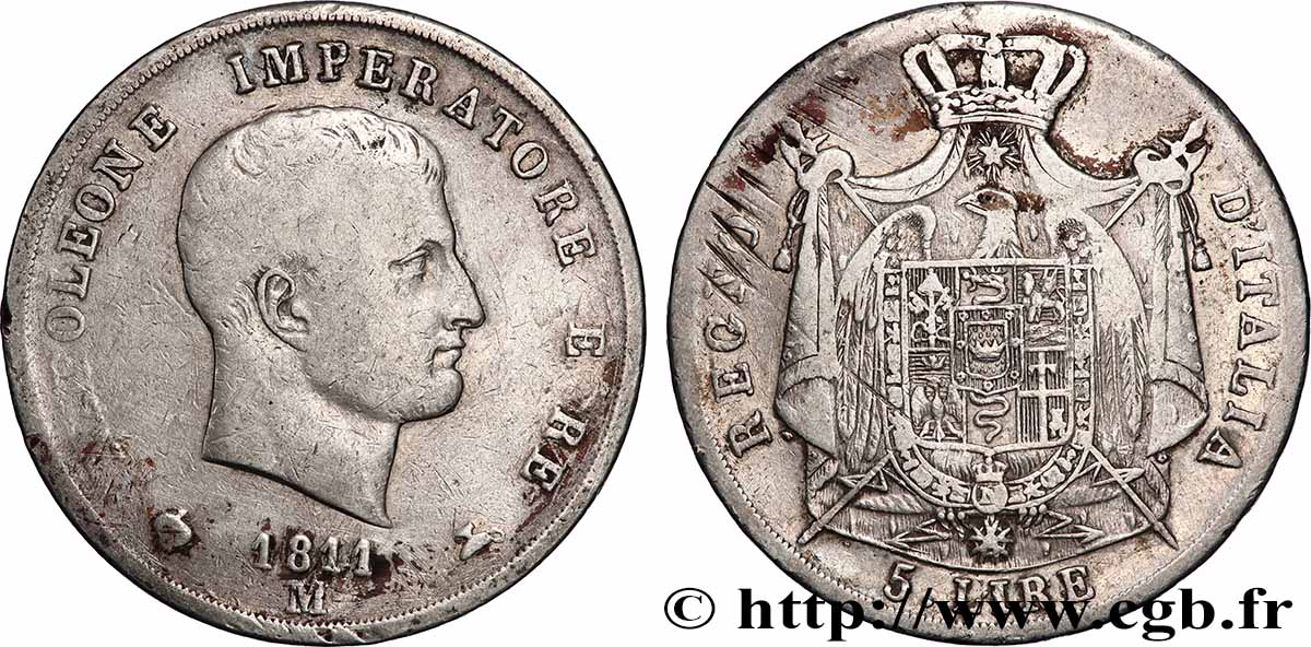 ITALIE - ROYAUME D ITALIE - NAPOLÉON Ier 5 Lire 1811 Milan TB+