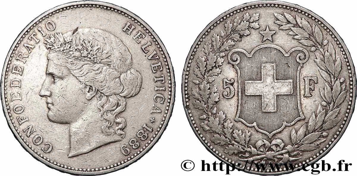 SCHWEIZ 5 Francs Helvetia 1889 Berne SS