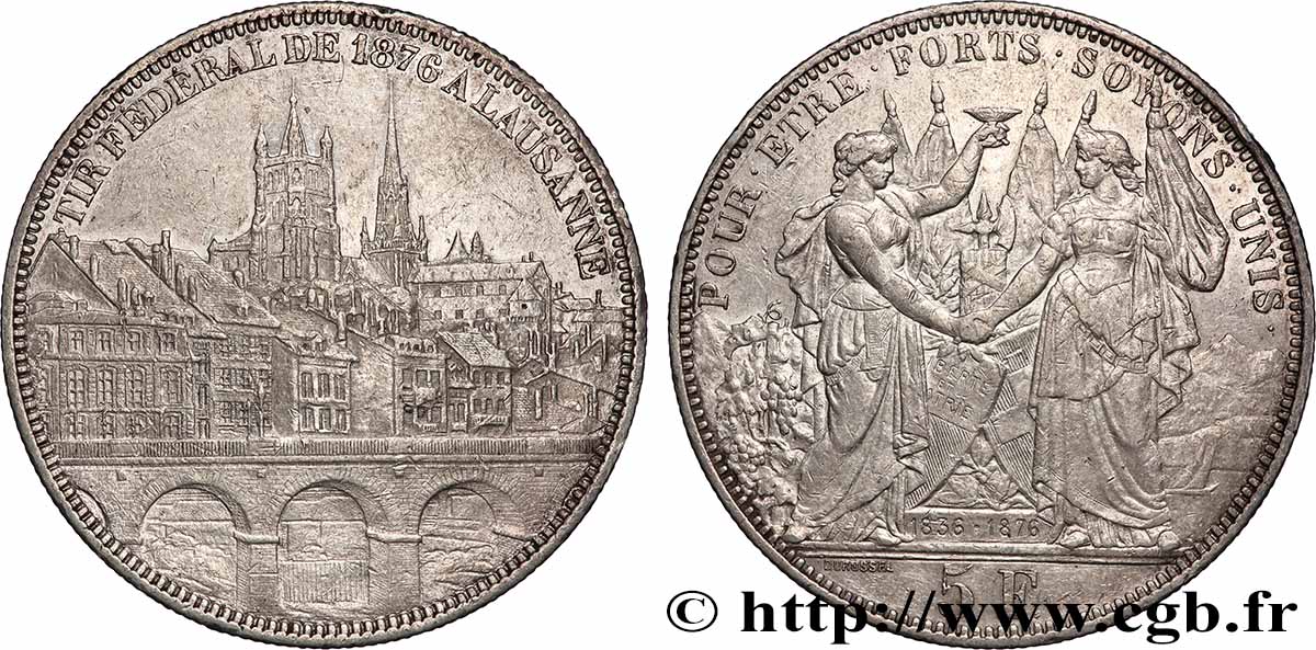 SWITZERLAND 5 Francs, monnaie de Tir, Lausanne 1876 AU