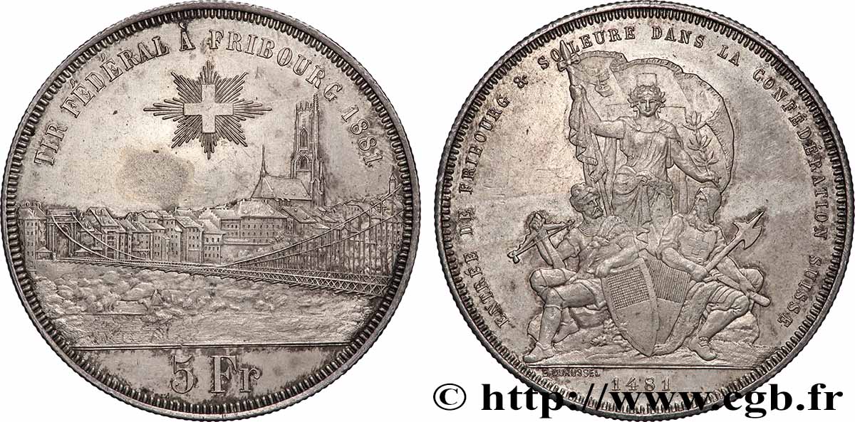 SWITZERLAND 5 Francs, monnaie de Tir, Fribourg 1881 AU