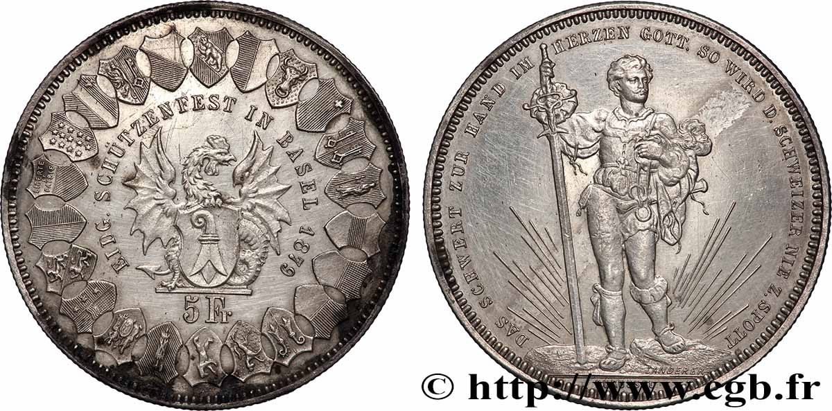 SWITZERLAND 5 Francs, monnaie de Tir, Bâle 1879 AU
