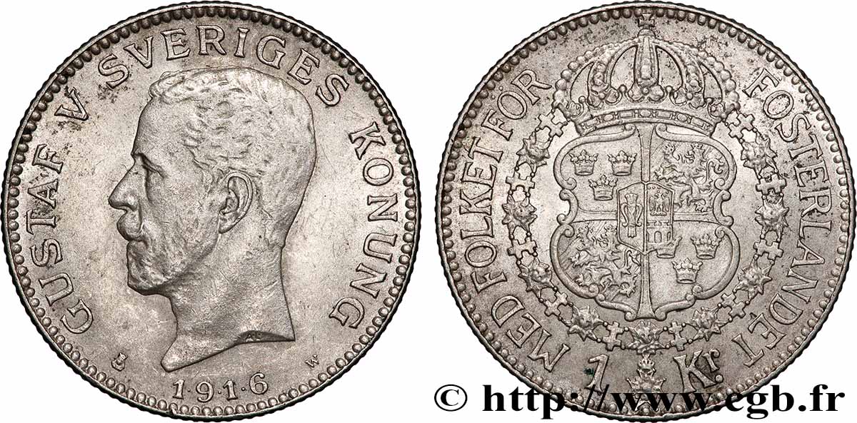 SWEDEN 1 Krona Gustave V 1916 AU