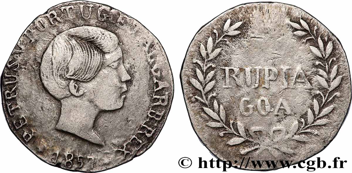 PORTUGUESE INDIA 1 Rupia Pierre V 1857 Goa XF