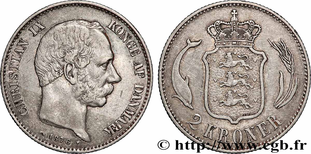 DENMARK 2 Kroner Christian IX 1876 Copenhague XF