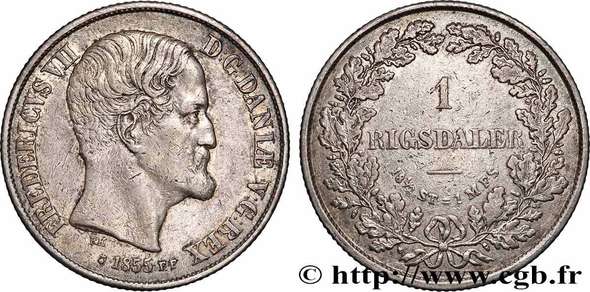 DENMARK 1 Rigsdaler Frédéric VII 1855 Copenhague XF