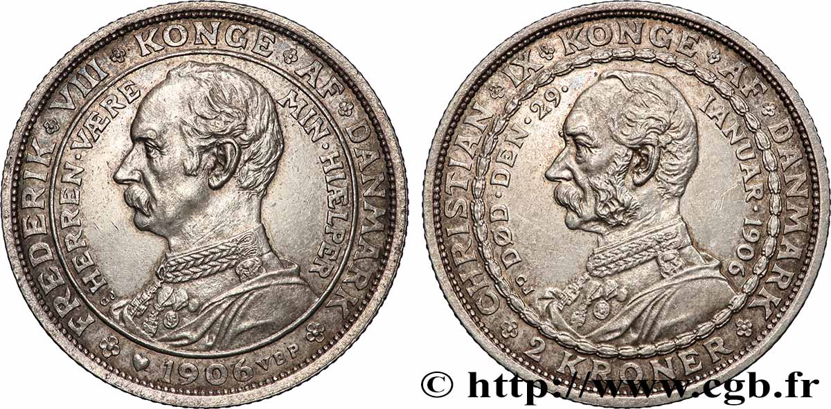 DENMARK 2 Kroner mort de Christian IX et accession de Frédéric VIII 1906 Copenhague AU