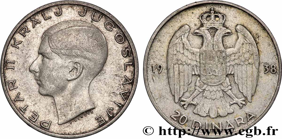 YOUGOSLAVIE 20 Dinara Pierre II 1938 Belgrade TTB