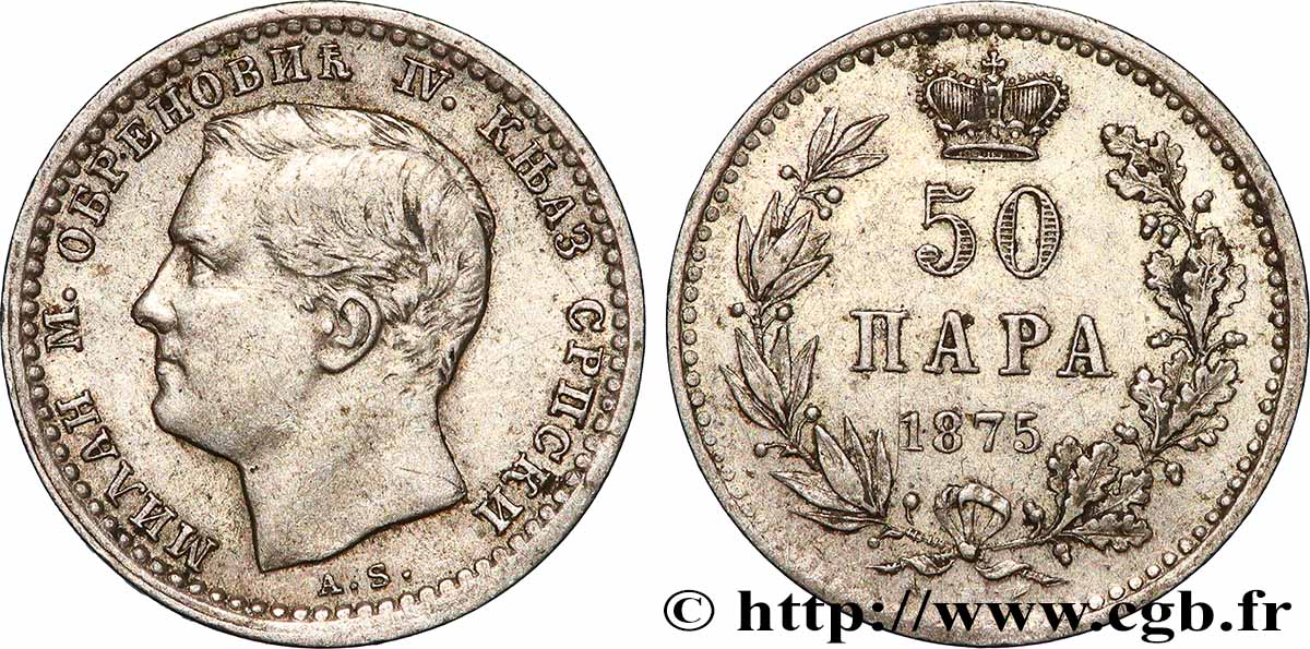SERBIE 50 Para Milan Obrenovich IV 1875 TTB