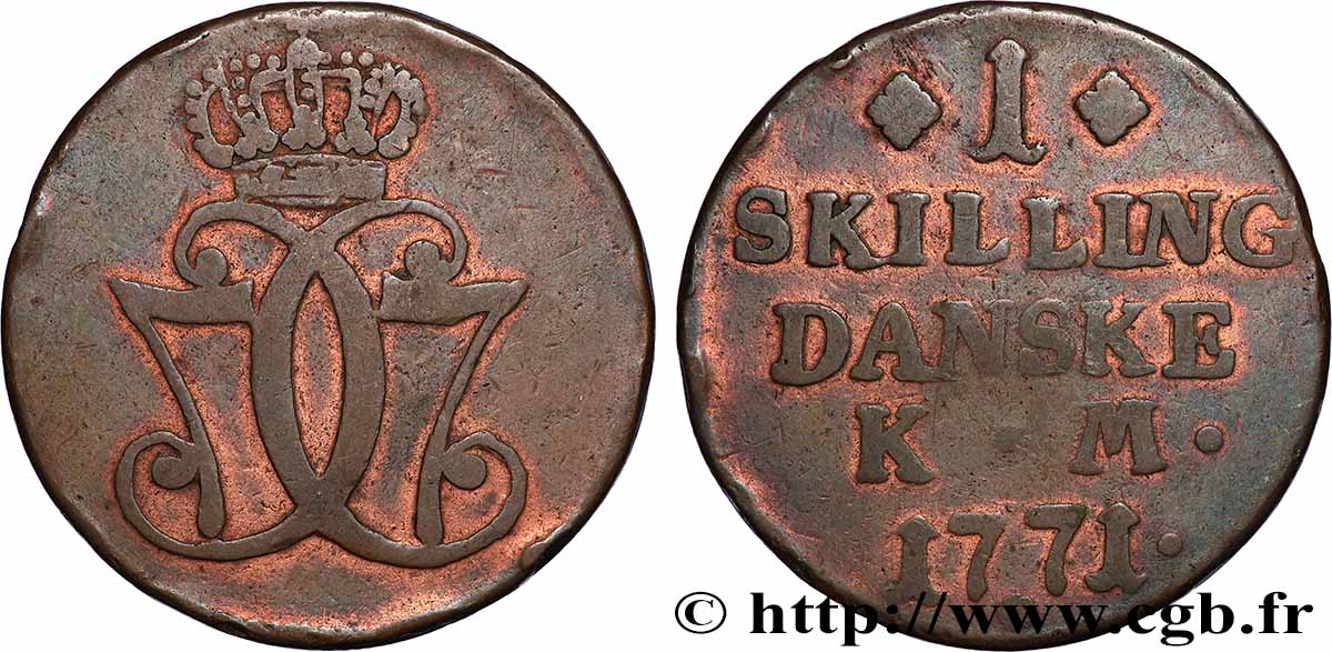 DANEMARK 1 Skilling Christian VII 1771 Copenhague TB+
