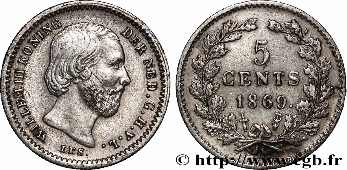 NETHERLANDS 5 Cents William III 1869 Utrecht XF