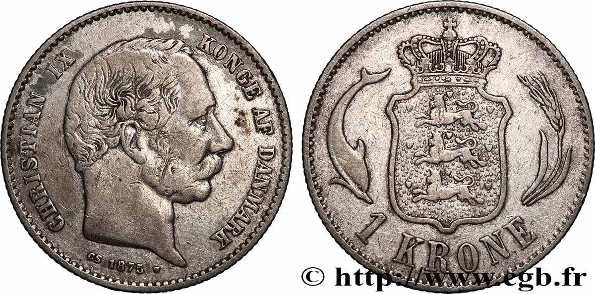 DANEMARK 1 Krone Christian IX 1875 Copenhague TB+