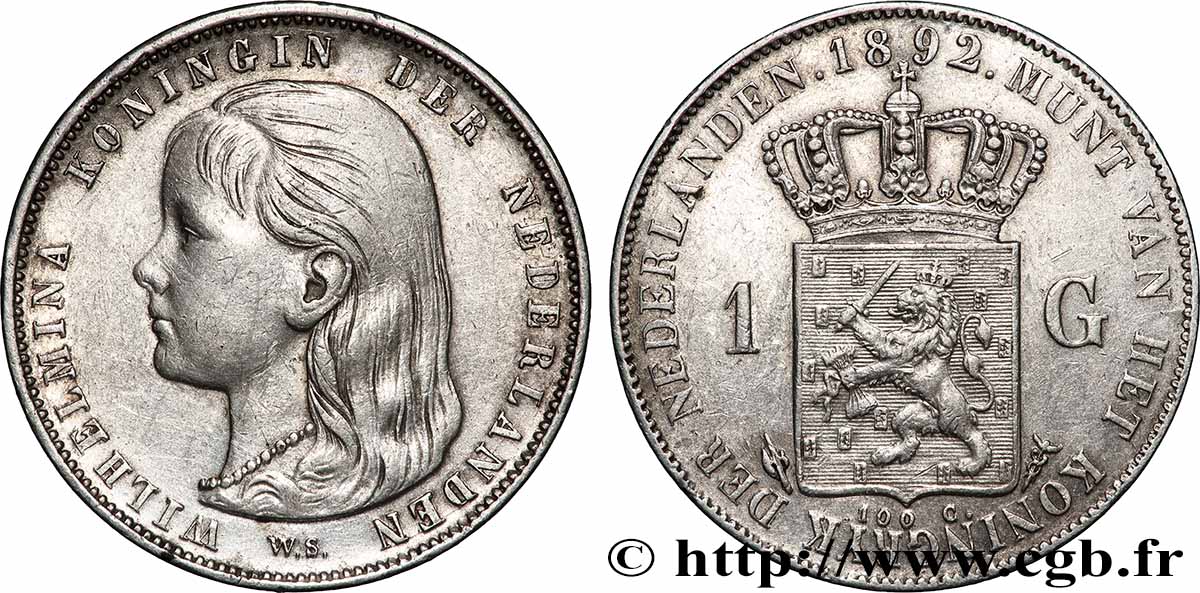 NETHERLANDS 1 Gulden Wilhelmina 1892 Utrecht AU