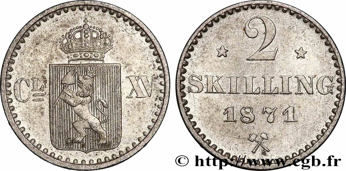 NORVÈGE 2 Skilling Charles XV 1871 TTB