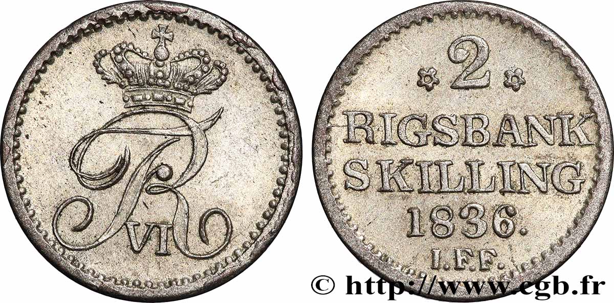 DANEMARK - ROYAUME DE DANEMARK - FRÉDÉRIC VI 2 Skilling 1836 TTB+