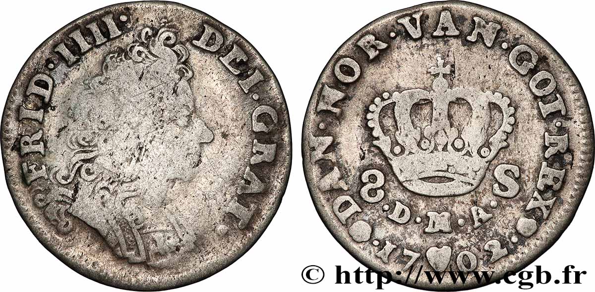 KINGDOM OF DENMARK - FREDERICK IV 8 Skilling 1702 Konsberg VF