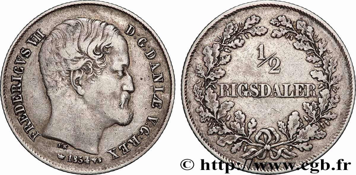 DANEMARK 1/2 Rigsdaler Frédéric VII 1854 Copenhague TTB