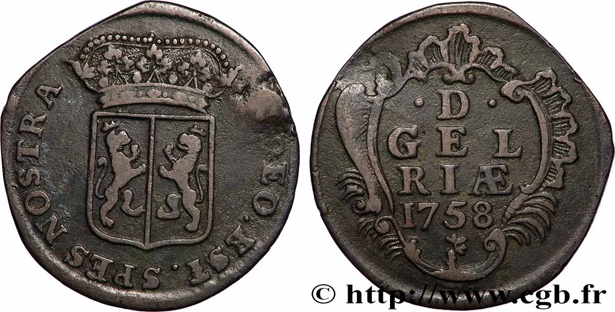 PAYS-BAS - PROVINCES-UNIES 1 Duit Gueldre 1758 TB+