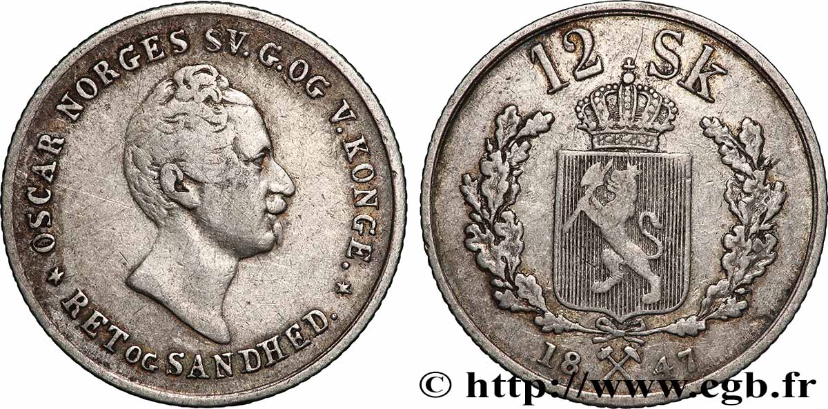 NORVÈGE 12 Skilling Oscar Ier roi de Norvège et Suède 1845 TTB