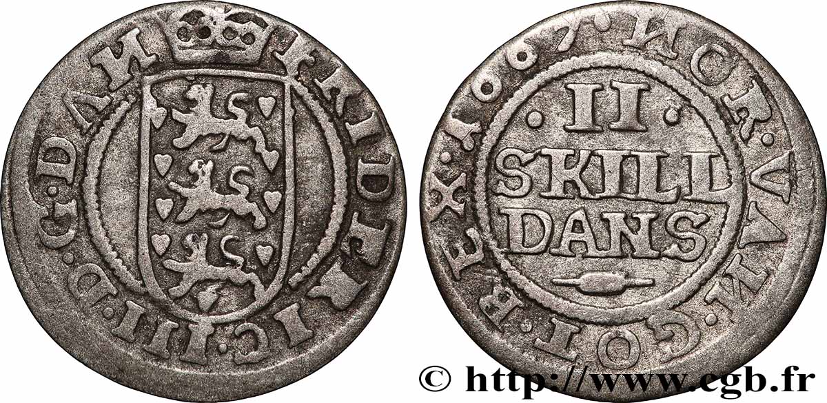 DENMARK - KINGDOM OF DENMARK - FREDERICK III 2 Skilling 1667 Copenhague VF