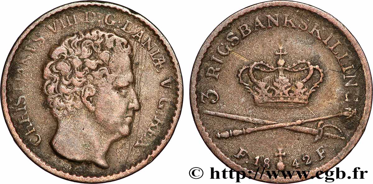DANEMARK 3 Rigsbankskilling 1842 TTB