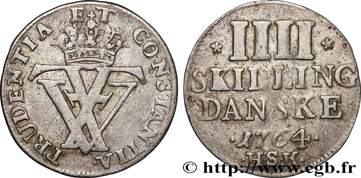 DANEMARK - ROYAUME DE DANEMARK - FRÉDÉRIC V 4 Skilling Danske 1764 Copenhague BB