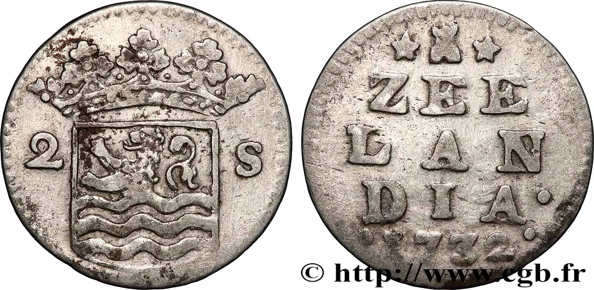 PAYS-BAS - PROVINCES-UNIES 2 Stuivers Zélande : écu couronné 1732 TB+