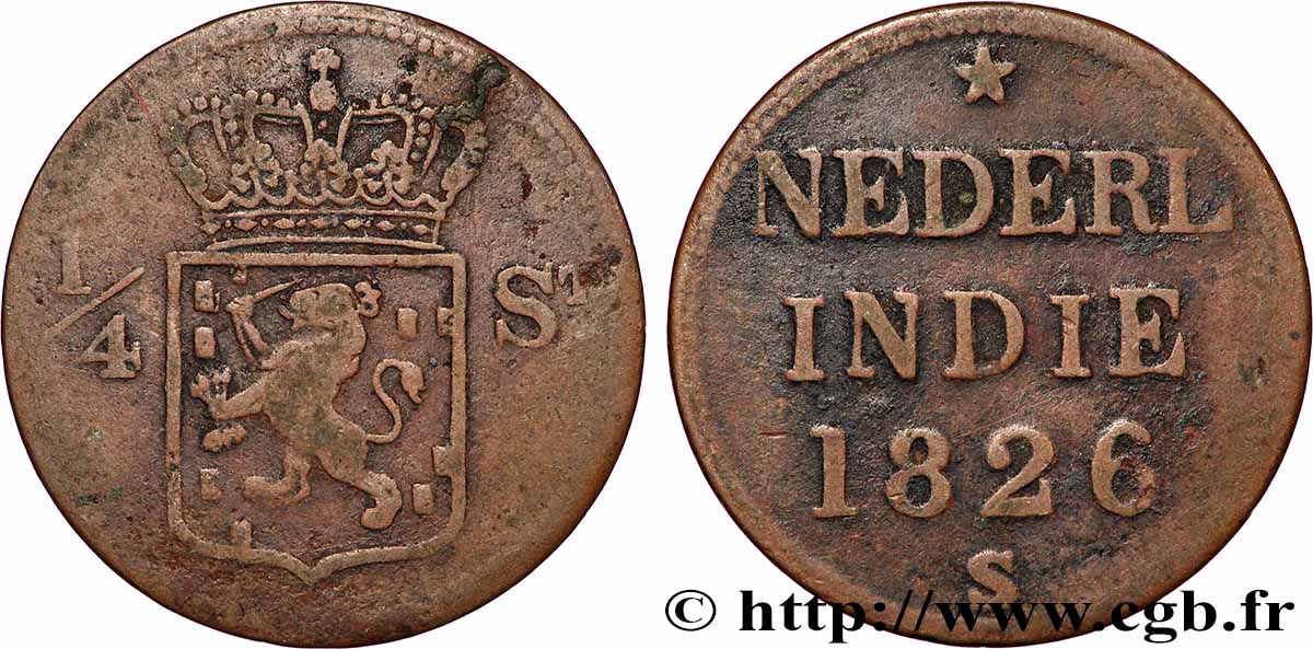 NETHERLANDS INDIES 1/4 Stuiver aux armes d’Utrecht pour Sumatra 1826 Utrecht VF