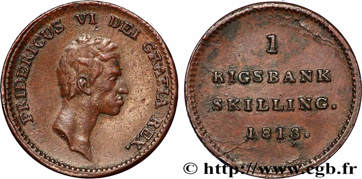 DANEMARK 1 Skilling Frédéric VI 1813 TB+/TTB