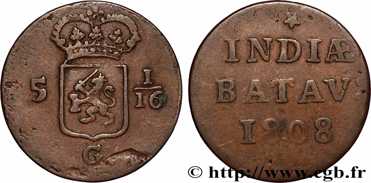 NETHERLANDS INDIES 5 1/16 Gulden (1 Duit) 1808 Enkhuizen VF