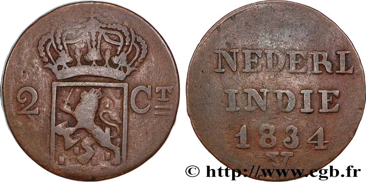 NIEDERLÄNDISCH-INDIEN 2 Cents (Double Duit) aux armes d’Utrecht pour Sumatra 1834 fSS