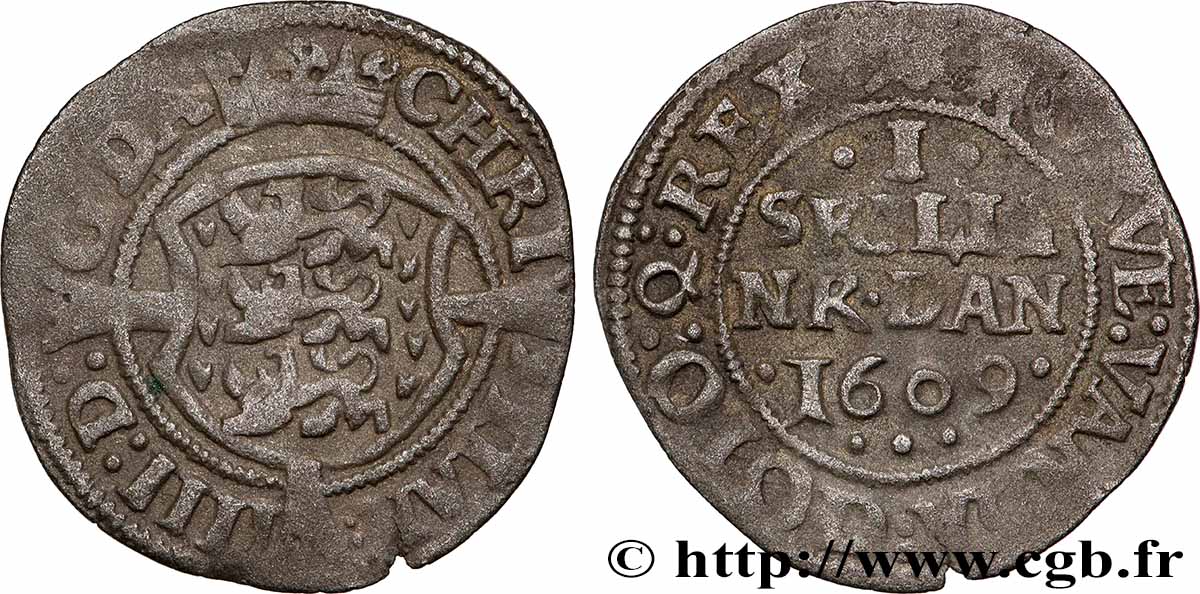 DANEMARK - ROYAUME DE DANEMARK - CHRISTIAN IV 1 Skilling Dansk 1609 Copenhague TTB