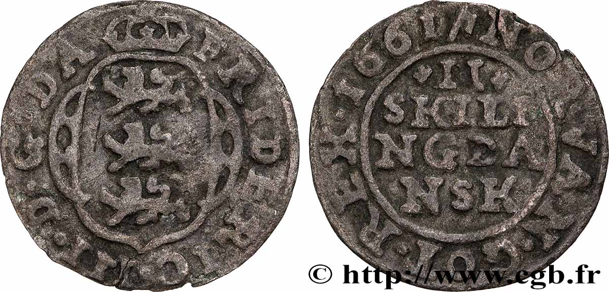 DENMARK - KINGDOM OF DENMARK - FREDERICK III 2 Skilling au nom de Frédéric III 1661 Copenhague VF