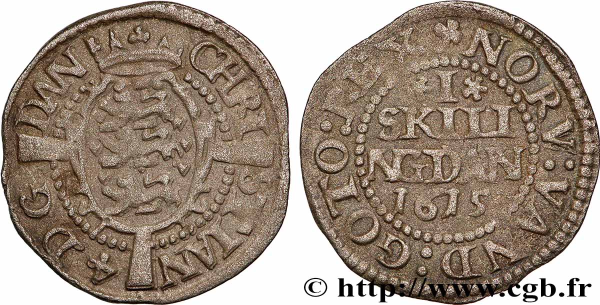 DANEMARK - ROYAUME DE DANEMARK - CHRISTIAN IV 1 Skilling Dansk 1615 Copenhague TB+