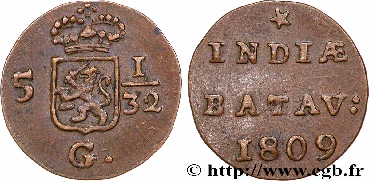 INDIE OLANDESI 5 1/32 Gulden (1/2 Duit) écu couronné des Pays-Bas 1809 Enkhuizen q.SPL