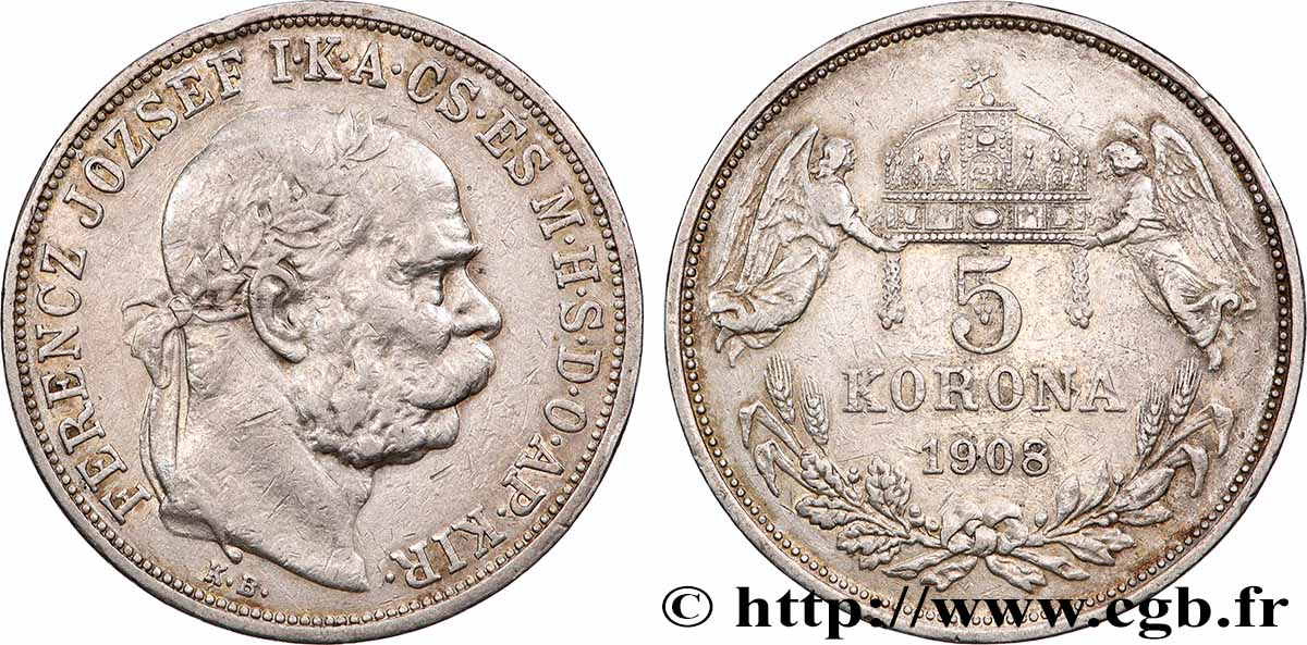 HUNGARY 5 Korona François-Joseph 1908 Kremnitz XF