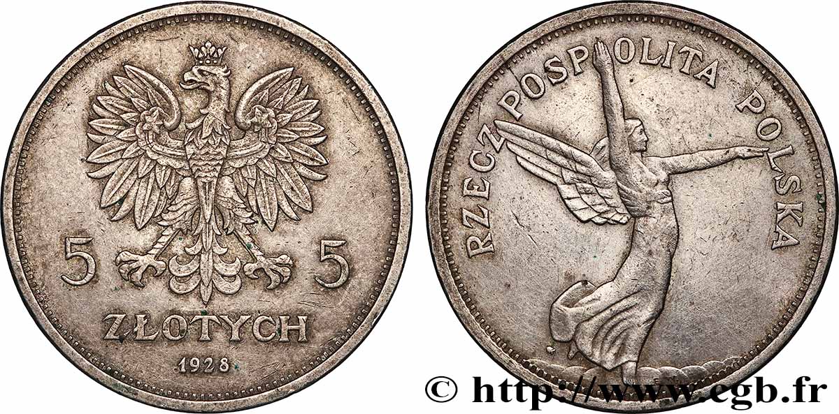 POLONIA 5 Zlotych allégorie de la victoire 1928 Varsovie BB