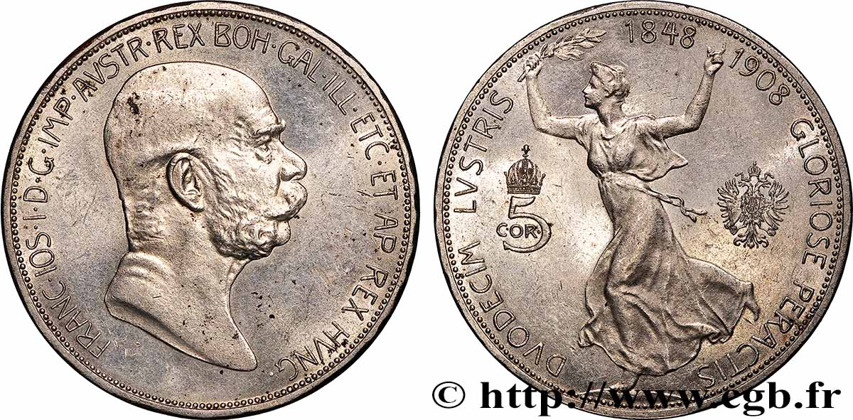 AUTRICHE 5 Corona 60e anniversaire du règne de François-Joseph Ier 1908 SUP