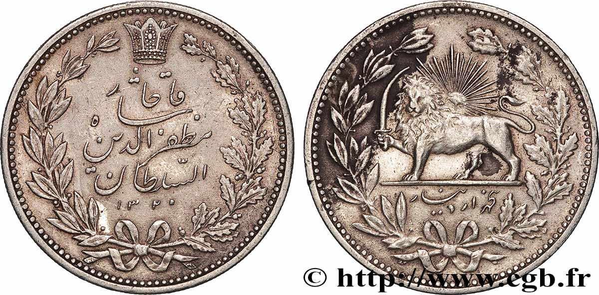 IRAN 5000 Dinars (5 Kran) frappe pour Muzaffar al-Din Shah AH 1320 (1902) TTB+