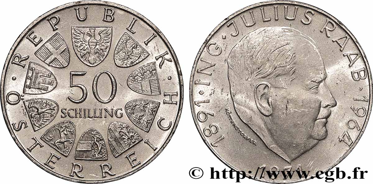 AUTRICHE 50 Schilling 80e anniversaire de la naissance du chancelier Julius Raab 1971 Vienne SUP