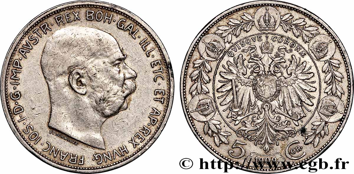 AUTRICHE 5 Corona François-Joseph Ier 1909 TTB